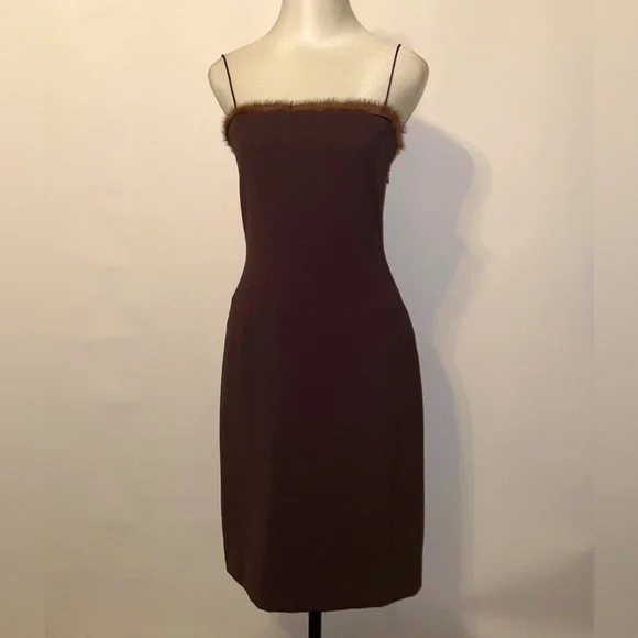 Tahari Striking Mink trimmed Spaghetti Strap Dress - Picture 1 of 13